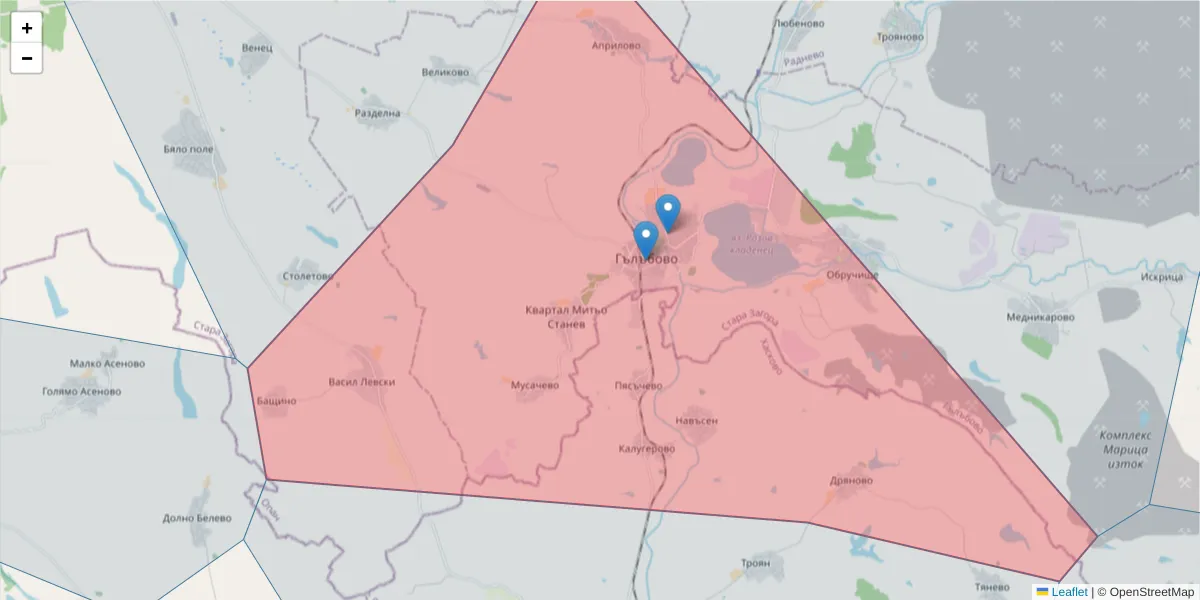 Карта на пощенски код  и съседните пощенски кодове в България