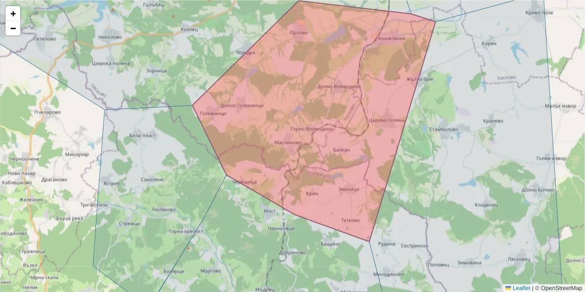 Карта на пощенски код  и съседните пощенски кодове в България