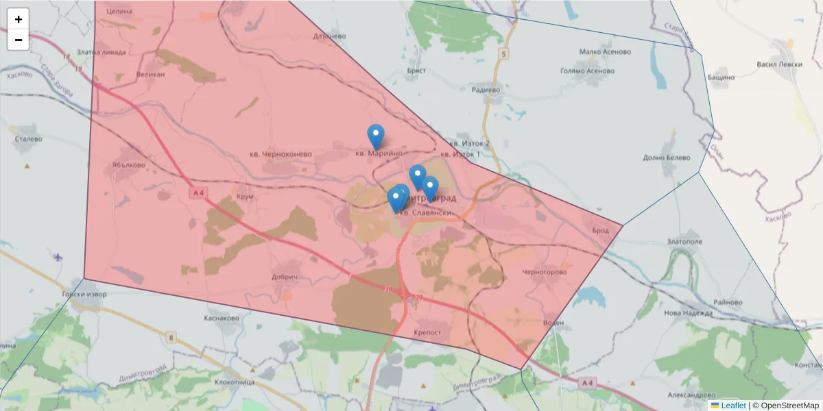 Карта на пощенски код  и съседните пощенски кодове в България