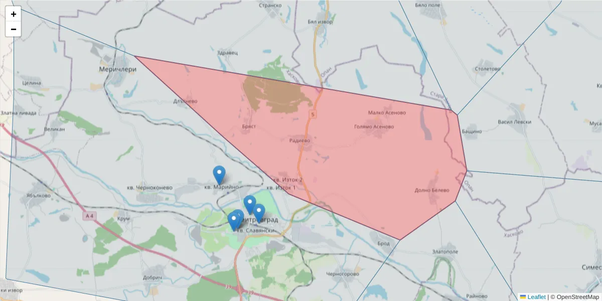 Карта на пощенски код  и съседните пощенски кодове в България