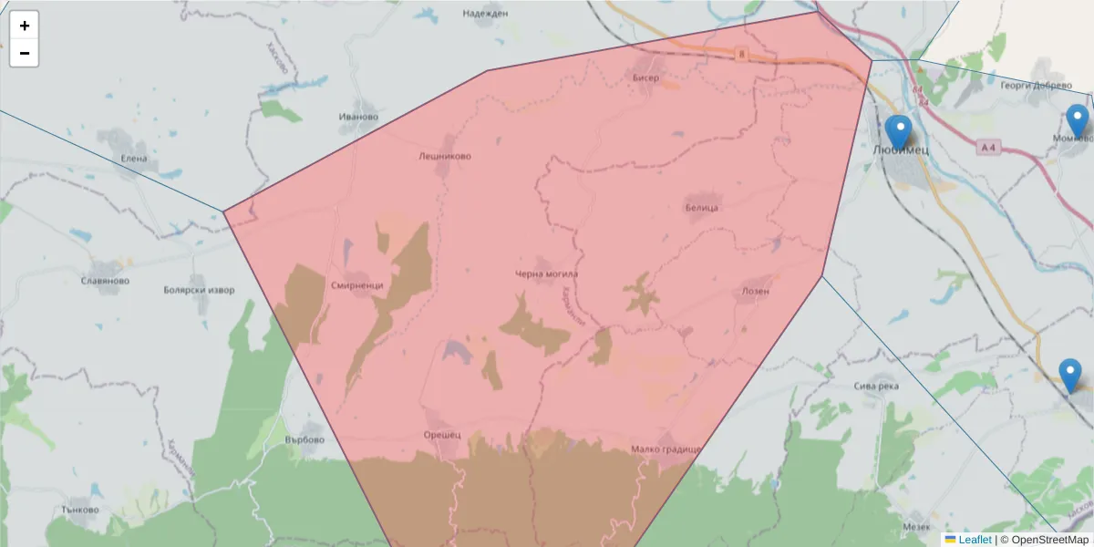 Карта на пощенски код  и съседните пощенски кодове в България