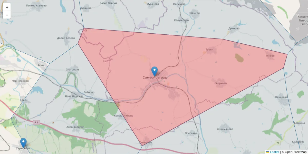 Карта на пощенски код  и съседните пощенски кодове в България