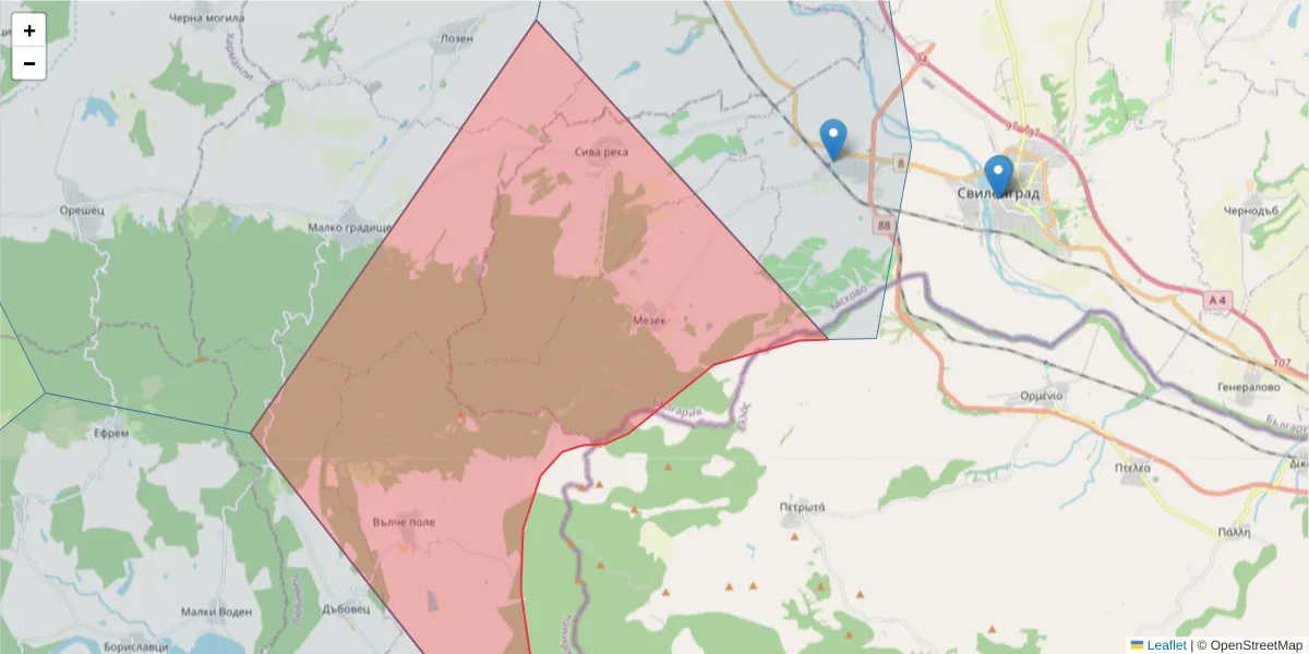 Карта на пощенски код  и съседните пощенски кодове в България