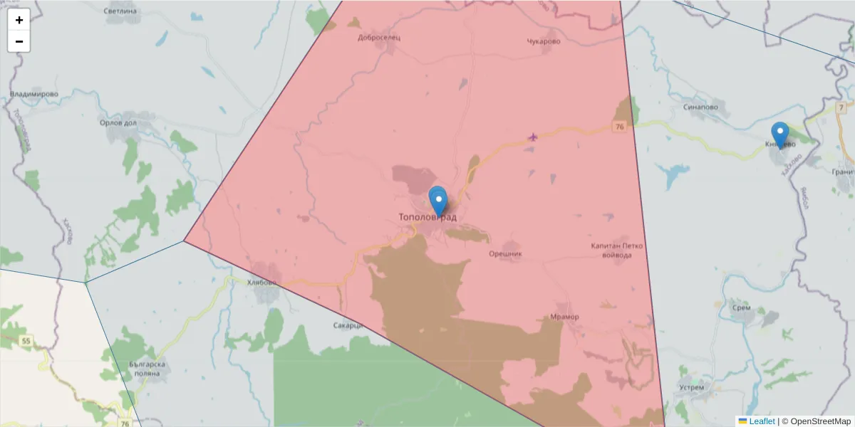 Карта на пощенски код  и съседните пощенски кодове в България