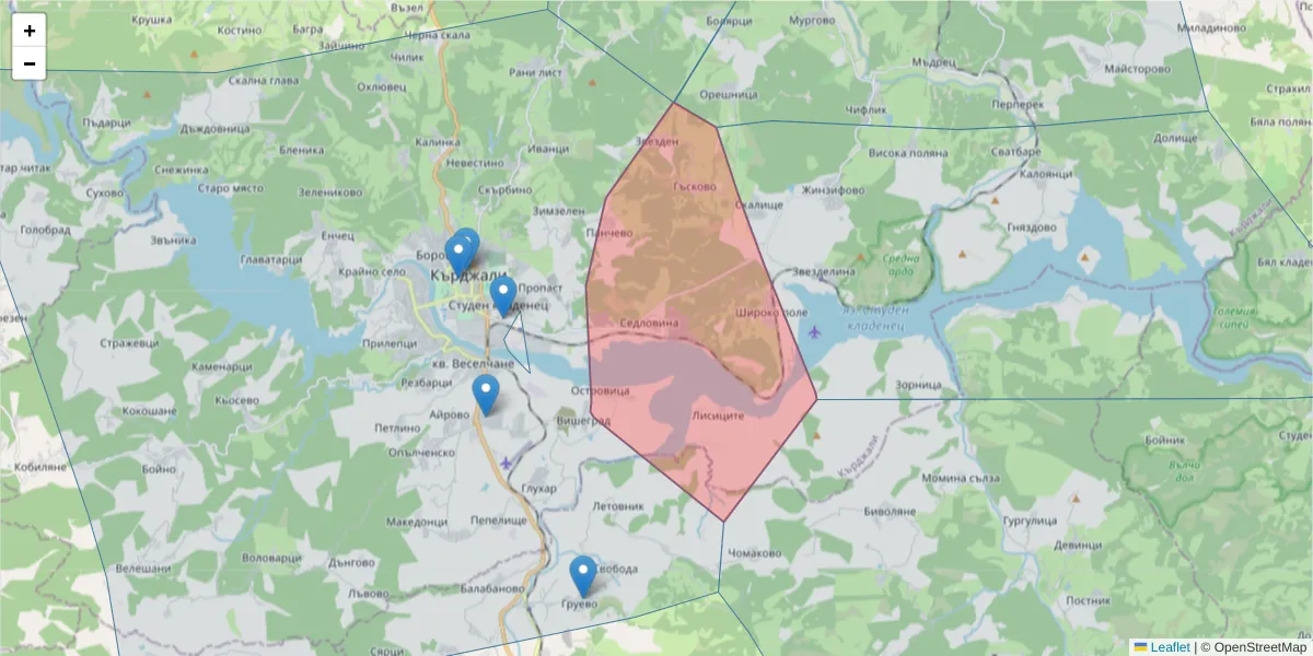 Карта на пощенски код  и съседните пощенски кодове в България