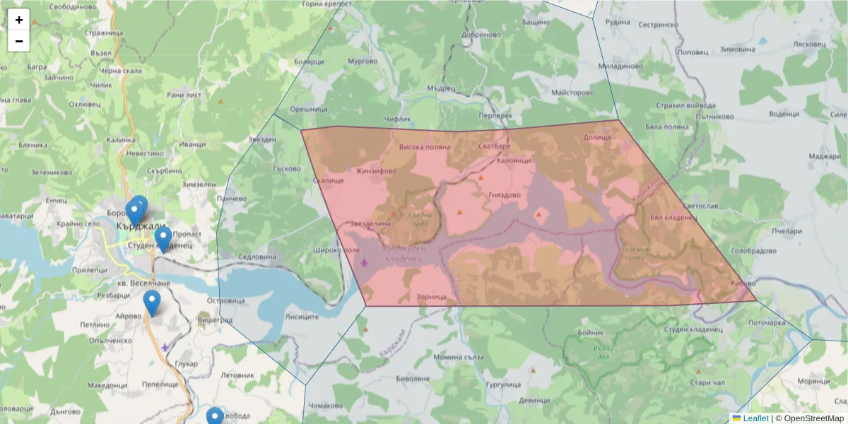 Карта на пощенски код  и съседните пощенски кодове в България