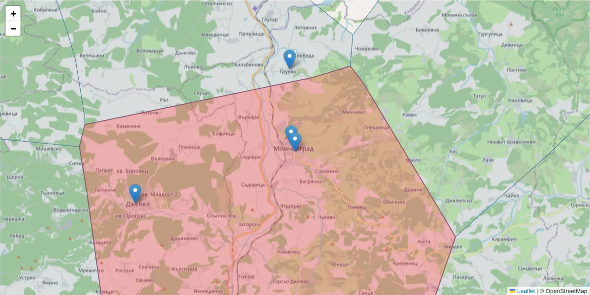 Карта на пощенски код  и съседните пощенски кодове в България