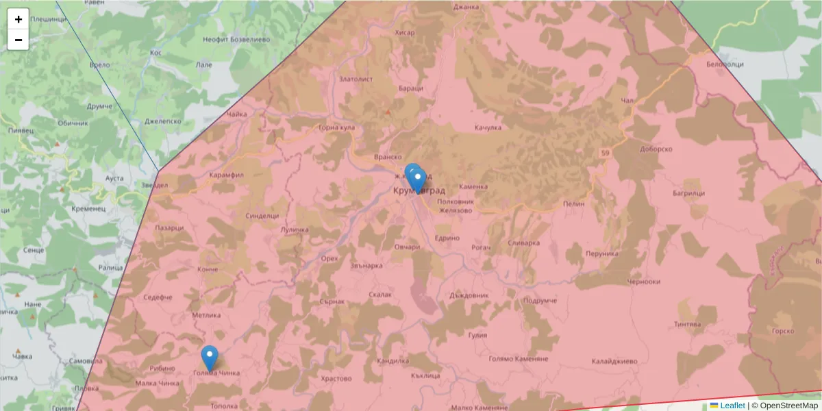 Карта на пощенски код  и съседните пощенски кодове в България