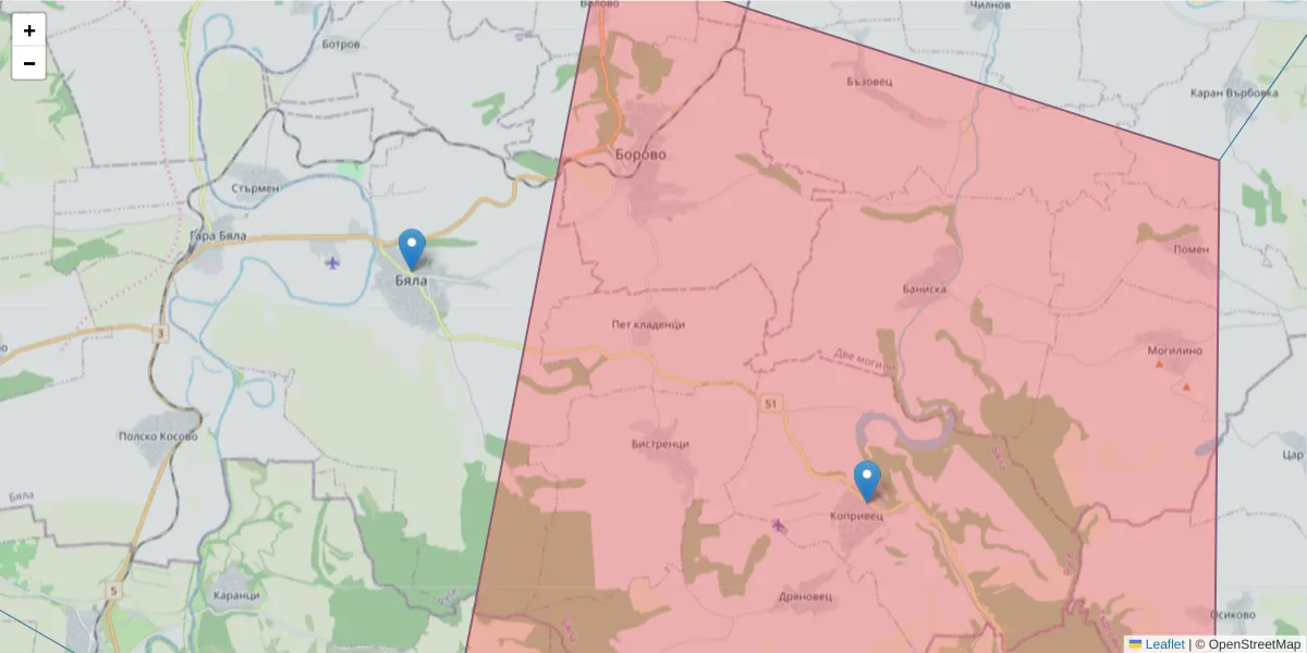 Карта на пощенски код  и съседните пощенски кодове в България