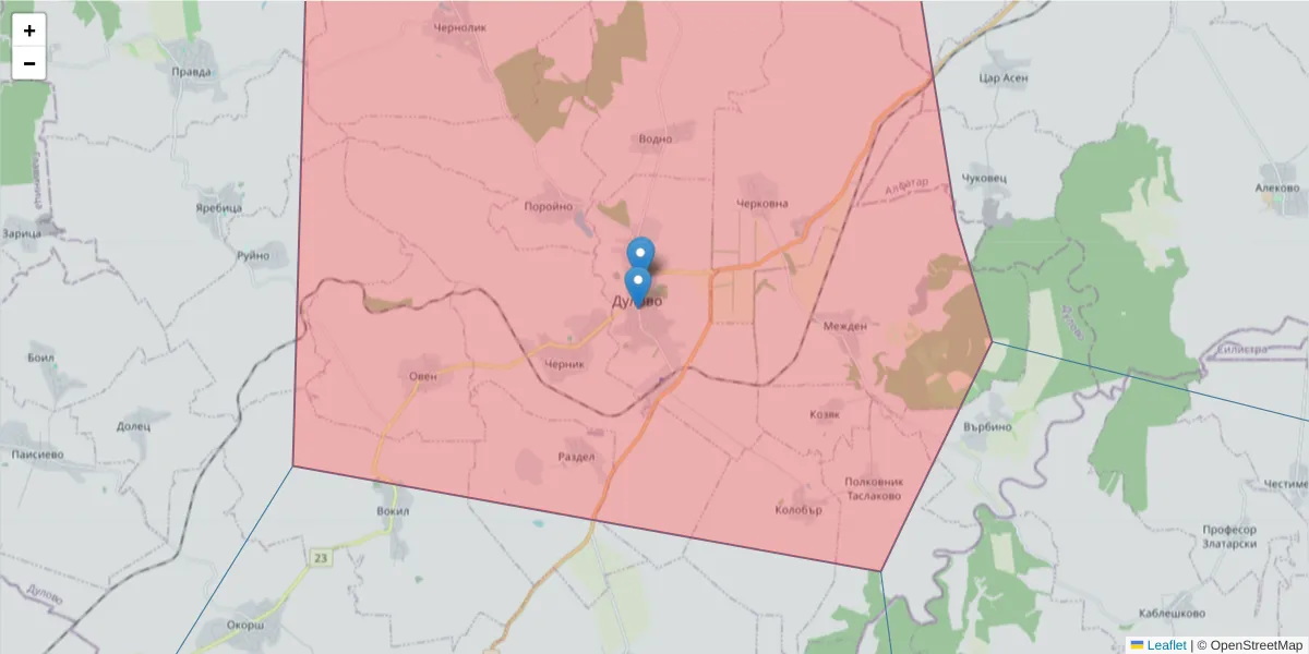 Карта на пощенски код  и съседните пощенски кодове в България