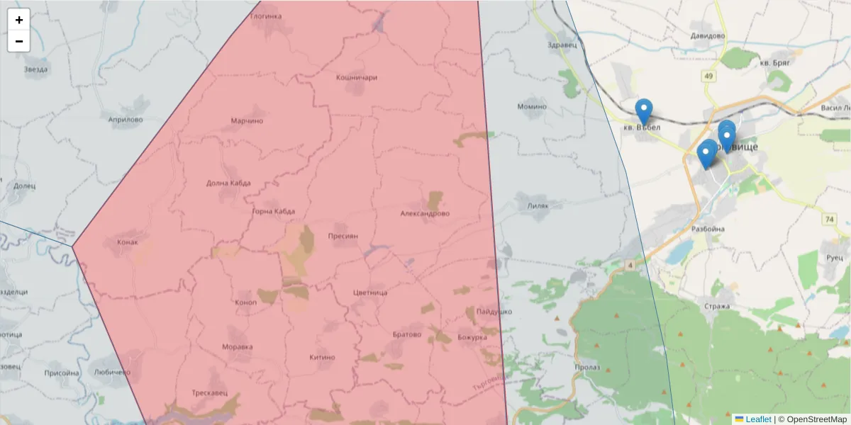 Карта на пощенски код  и съседните пощенски кодове в България