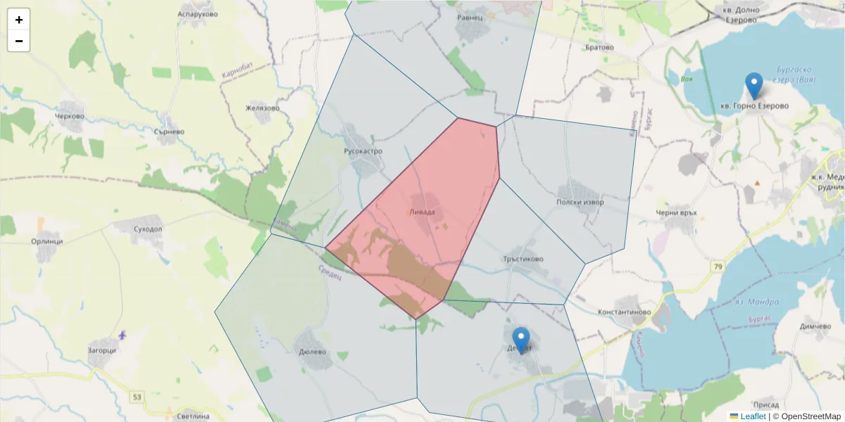 Карта на пощенски код  и съседните пощенски кодове в България