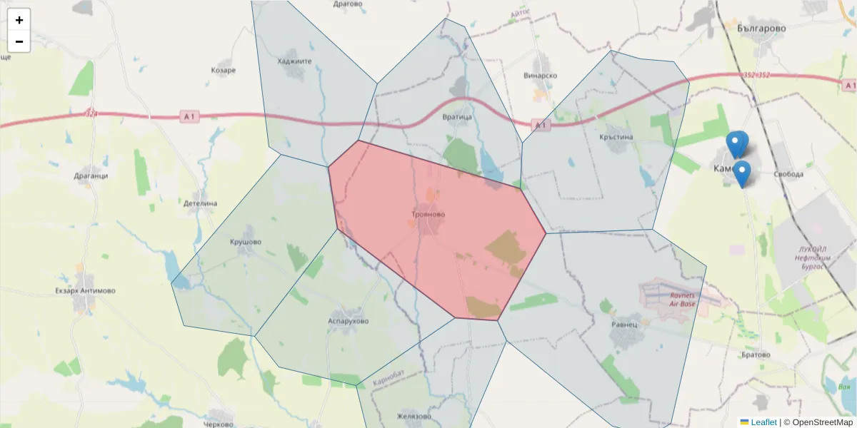 Карта на пощенски код  и съседните пощенски кодове в България