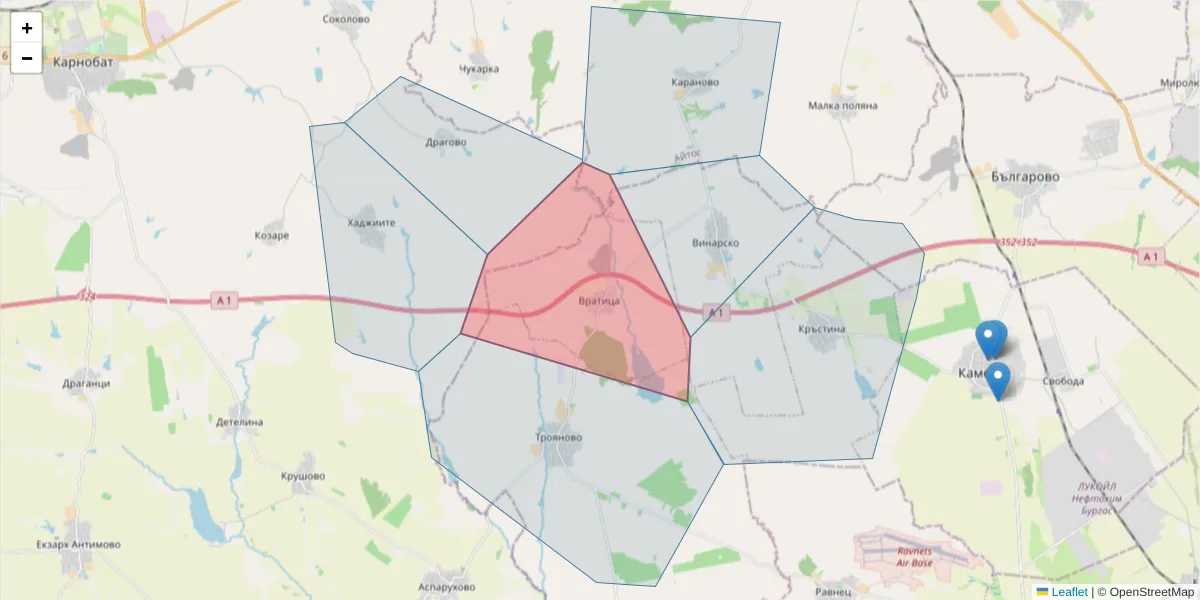 Карта на пощенски код  и съседните пощенски кодове в България