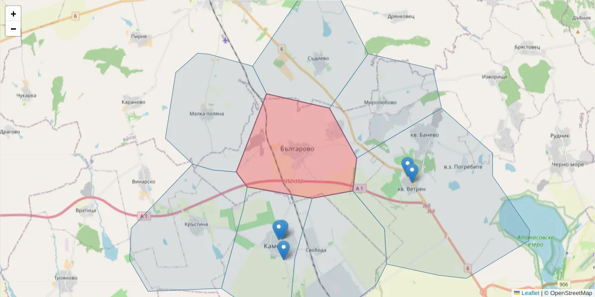 Карта на пощенски код  и съседните пощенски кодове в България