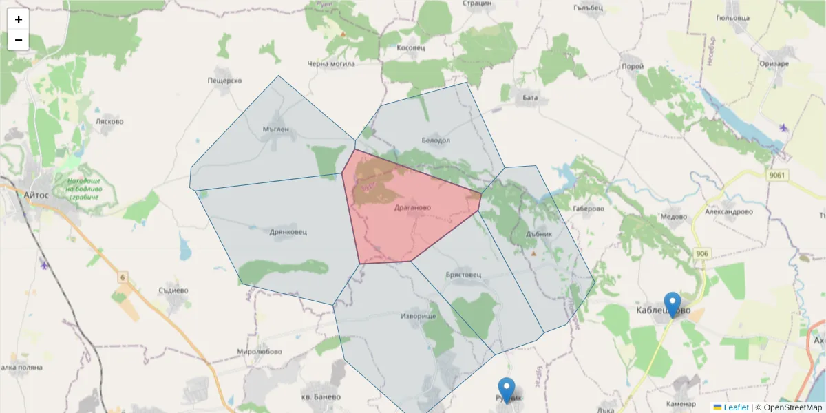 Карта на пощенски код  и съседните пощенски кодове в България