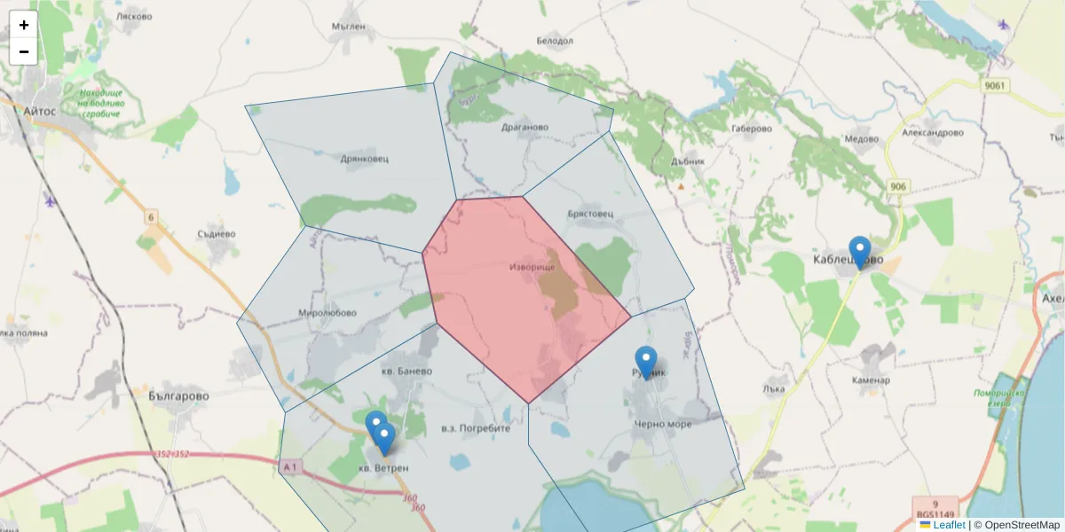 Карта на пощенски код  и съседните пощенски кодове в България