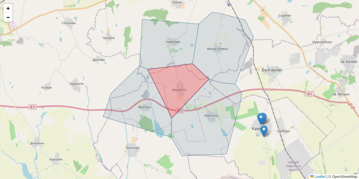 Карта на пощенски код  и съседните пощенски кодове в България