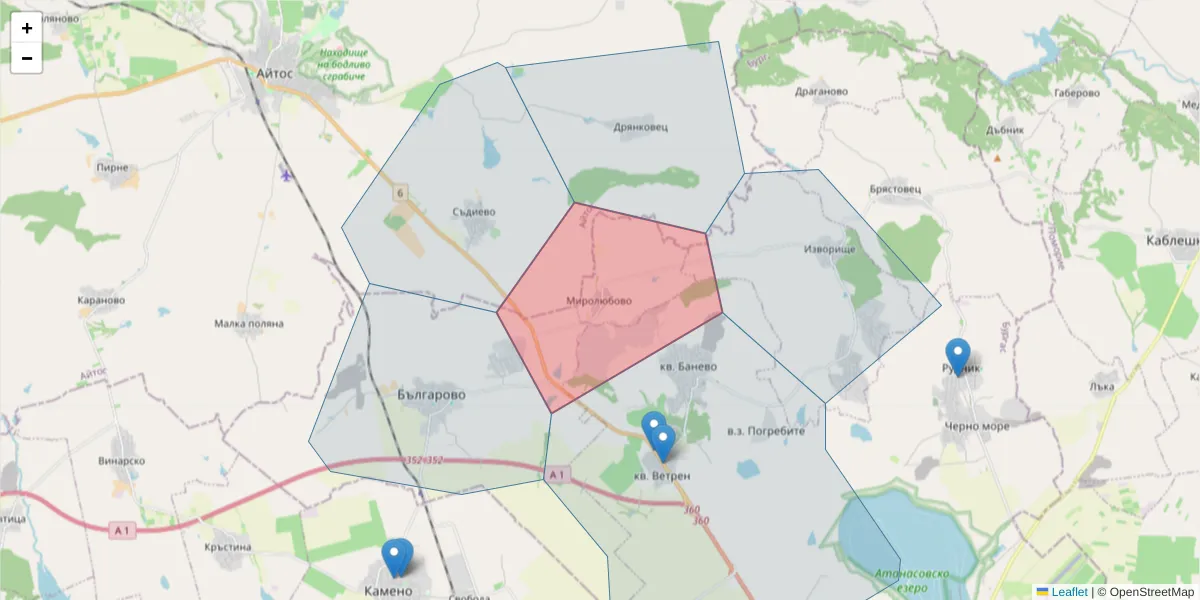 Карта на пощенски код  и съседните пощенски кодове в България