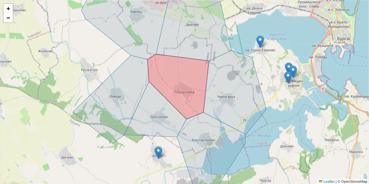 Карта на пощенски код  и съседните пощенски кодове в България