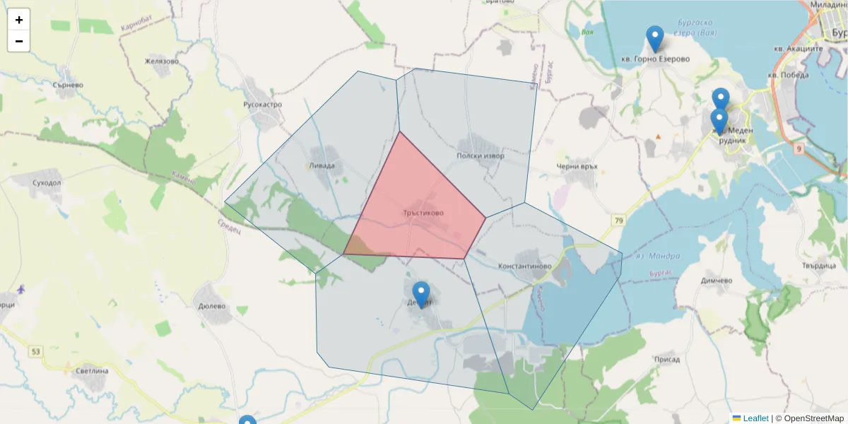 Карта на пощенски код  и съседните пощенски кодове в България