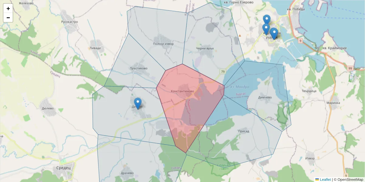 Карта на пощенски код  и съседните пощенски кодове в България