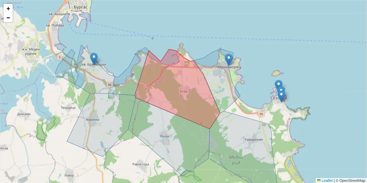 Карта на пощенски код  и съседните пощенски кодове в България