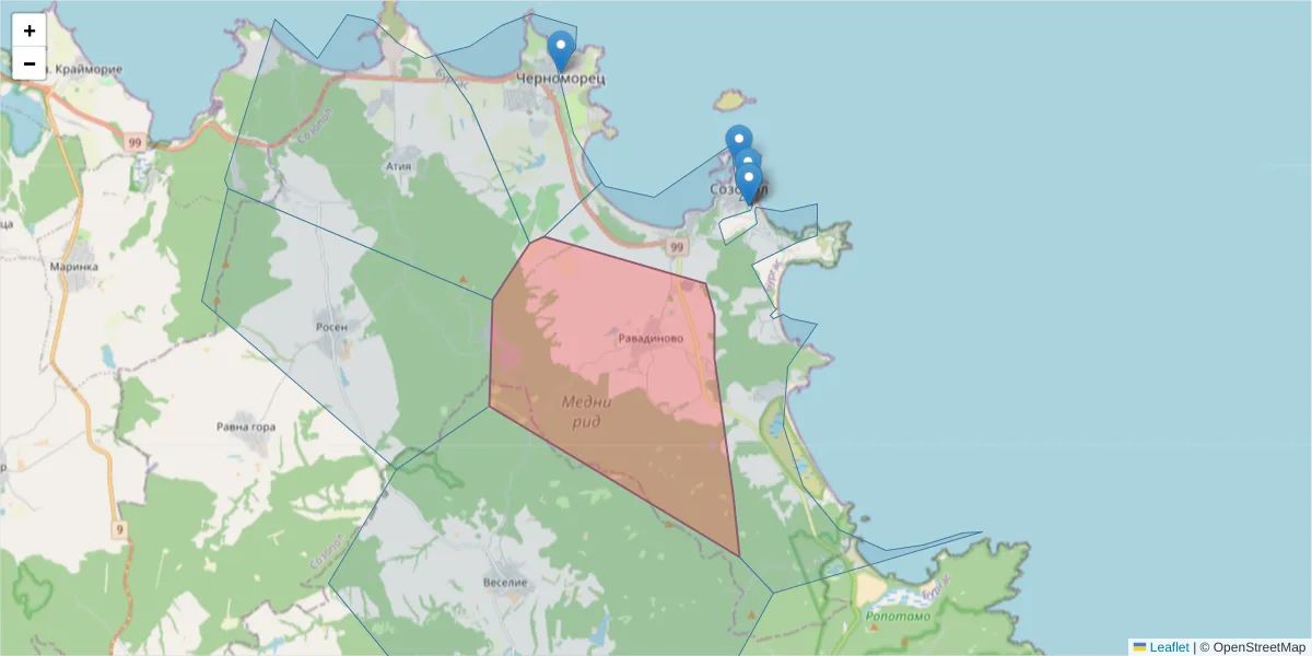 Карта на пощенски код  и съседните пощенски кодове в България