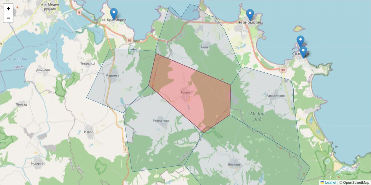 Карта на пощенски код  и съседните пощенски кодове в България