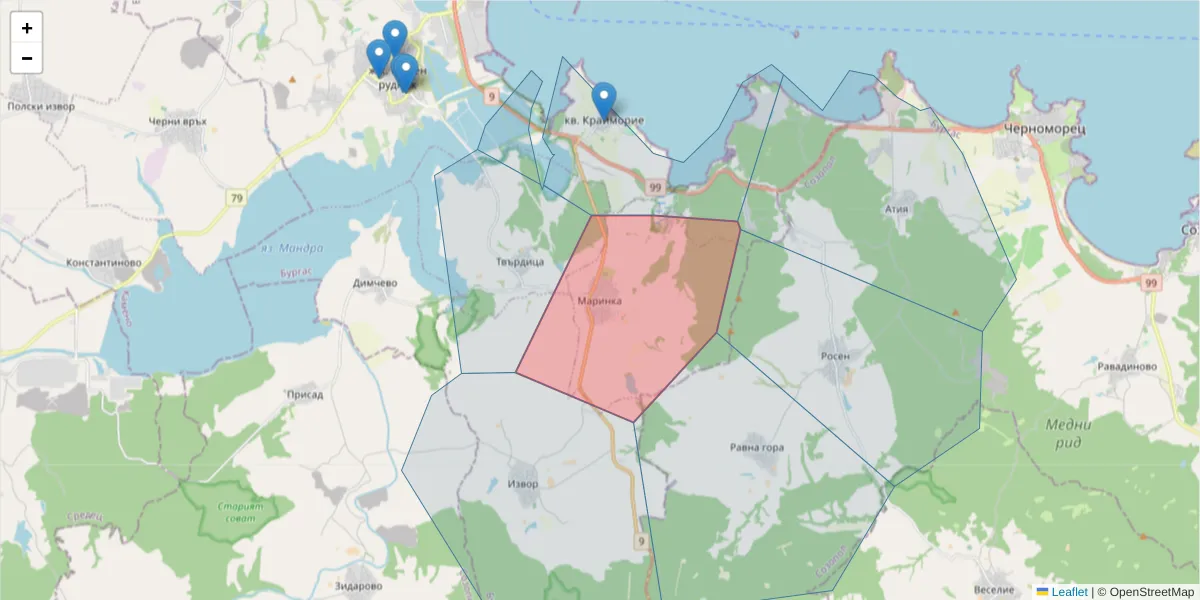 Карта на пощенски код  и съседните пощенски кодове в България