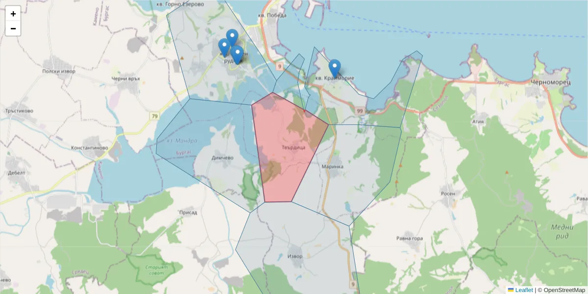 Карта на пощенски код  и съседните пощенски кодове в България