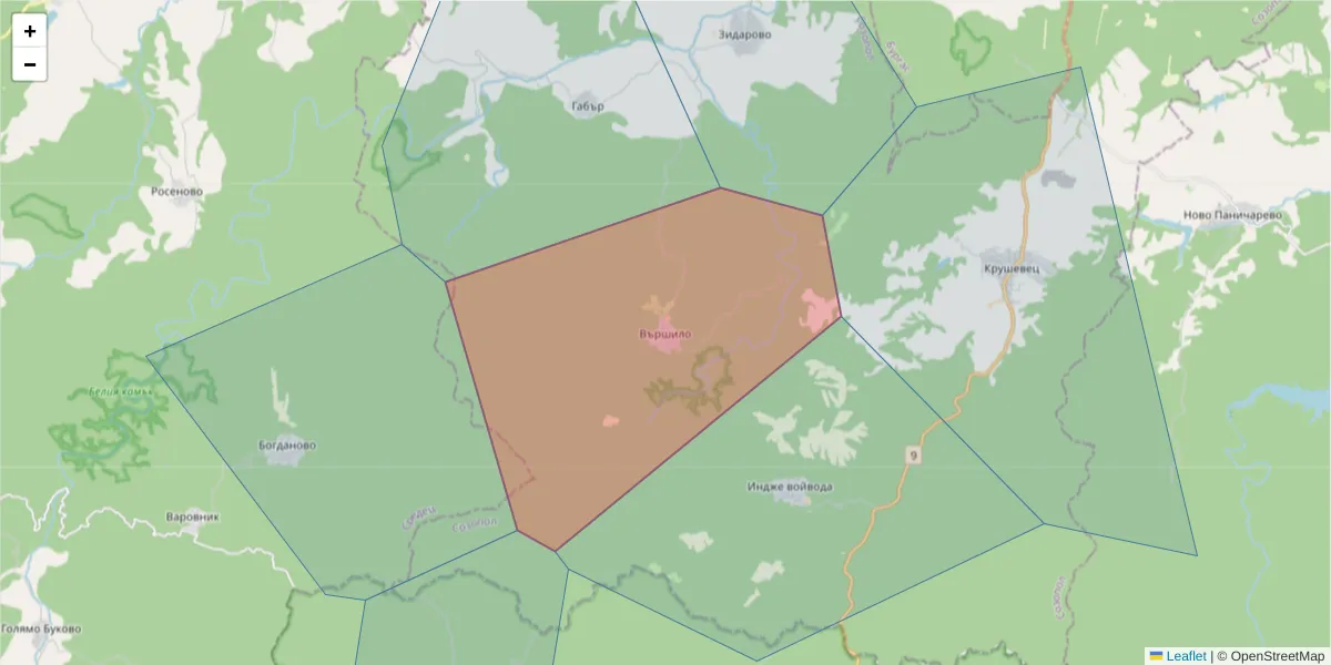 Карта на пощенски код  и съседните пощенски кодове в България