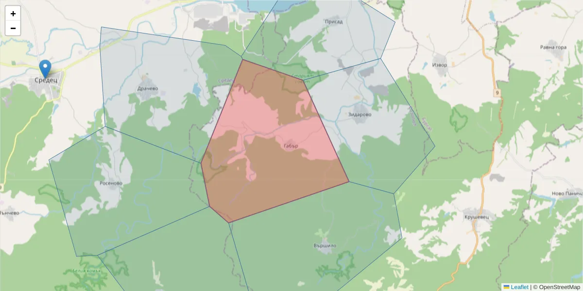 Карта на пощенски код  и съседните пощенски кодове в България