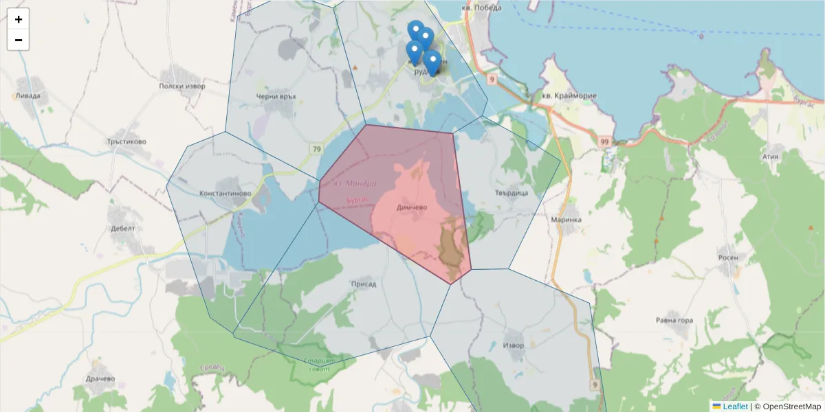 Карта на пощенски код  и съседните пощенски кодове в България