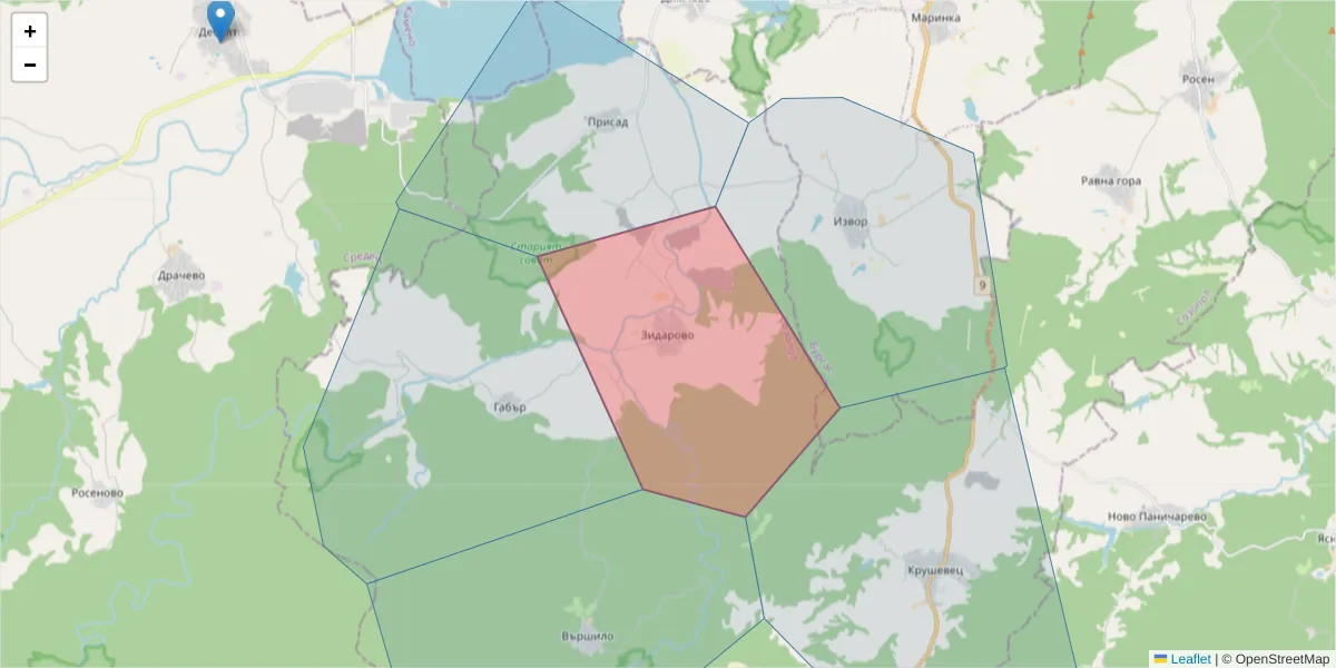Карта на пощенски код  и съседните пощенски кодове в България