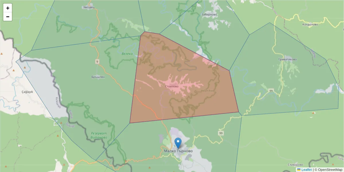 Карта на пощенски код  и съседните пощенски кодове в България