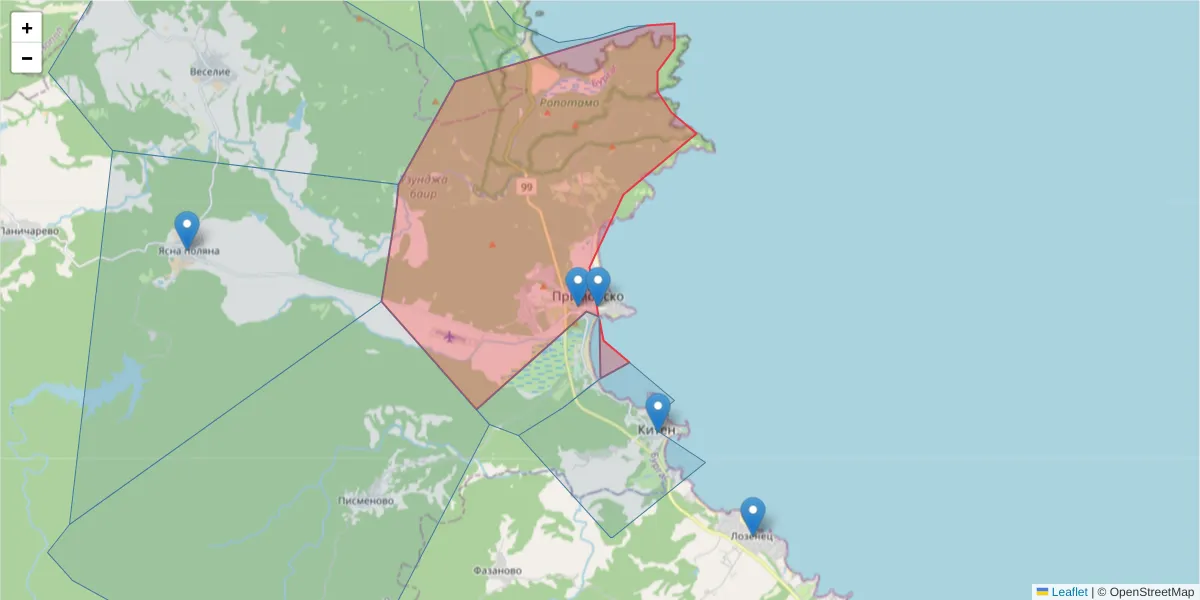 Карта на пощенски код  и съседните пощенски кодове в България