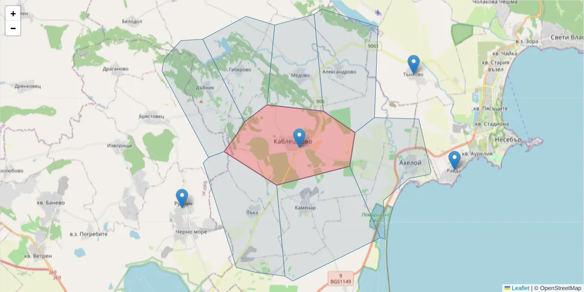 Карта на пощенски код  и съседните пощенски кодове в България