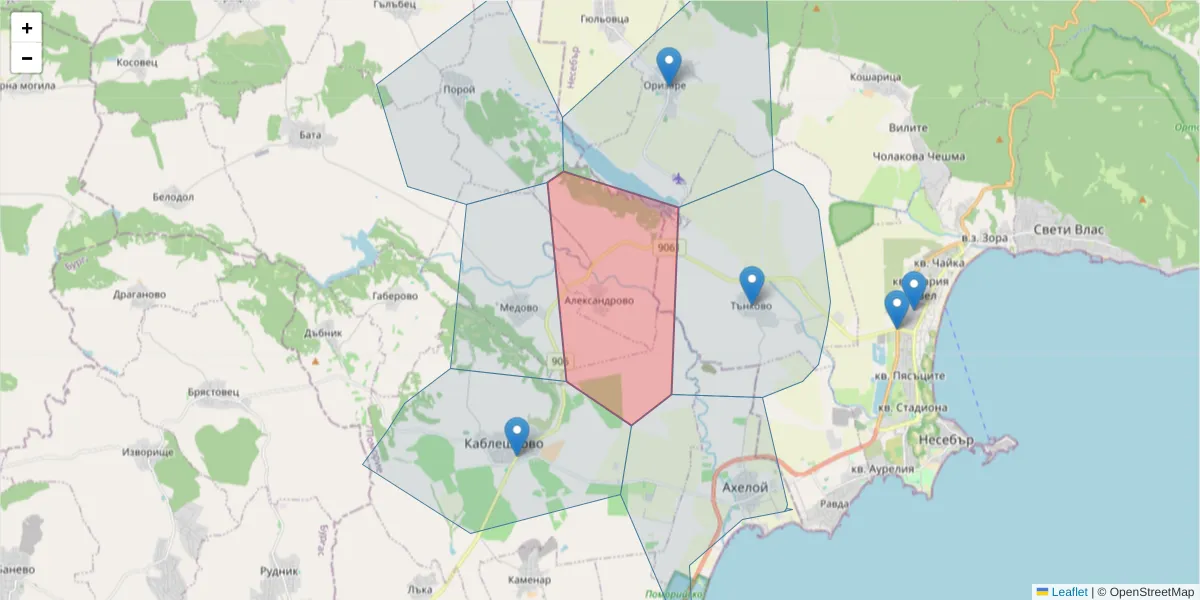 Карта на пощенски код  и съседните пощенски кодове в България