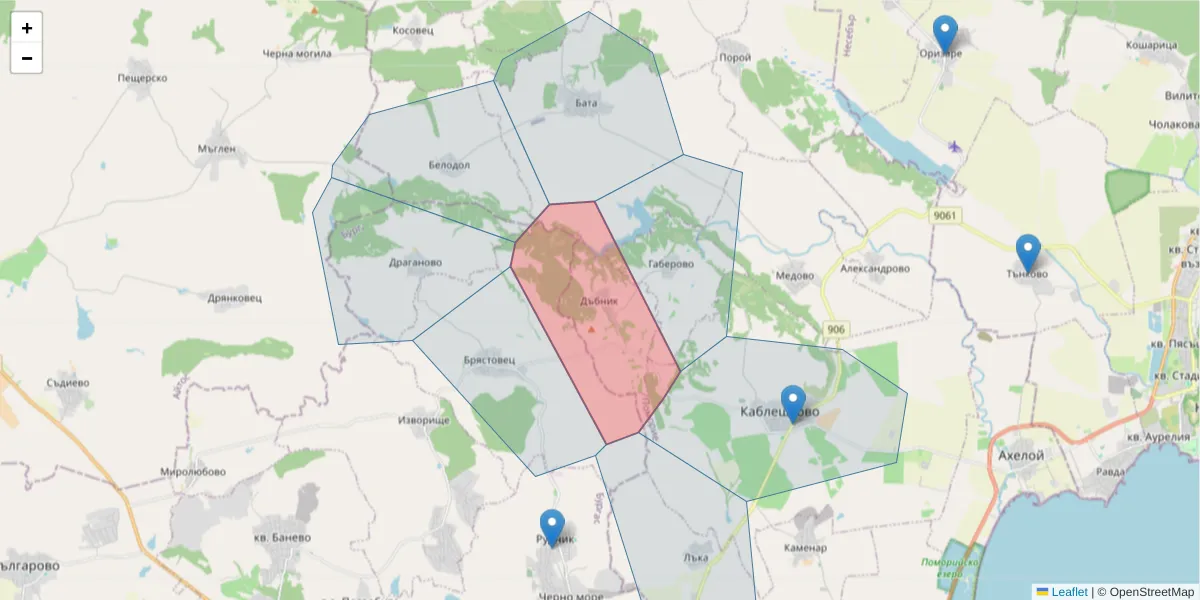 Карта на пощенски код  и съседните пощенски кодове в България