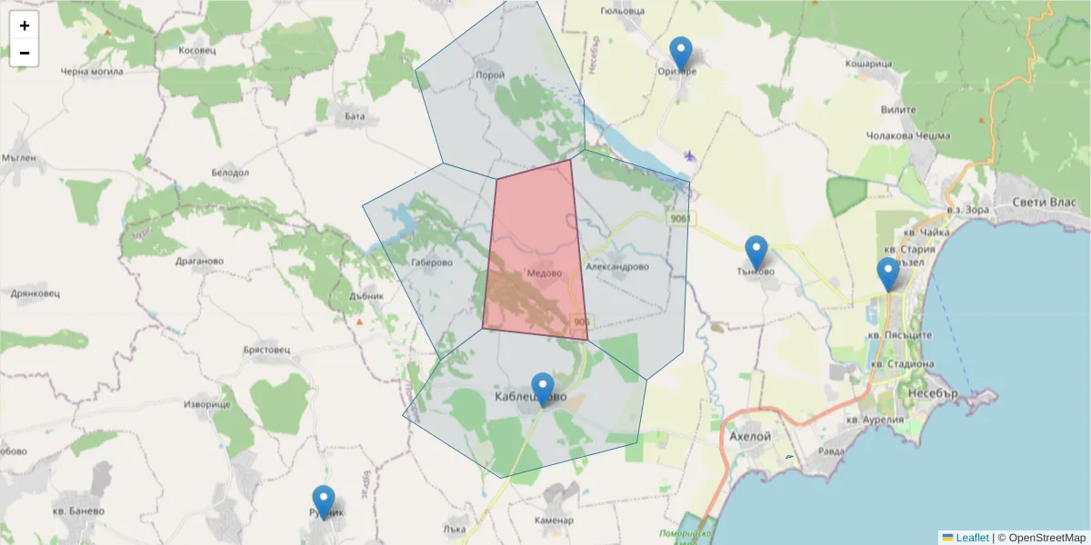 Карта на пощенски код  и съседните пощенски кодове в България