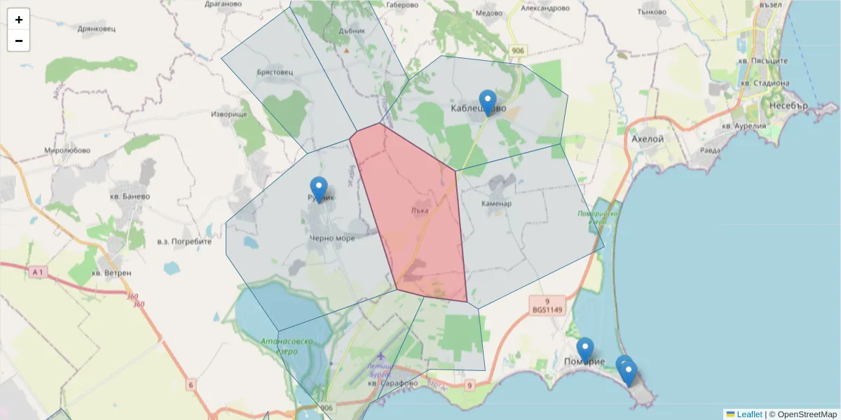 Карта на пощенски код  и съседните пощенски кодове в България