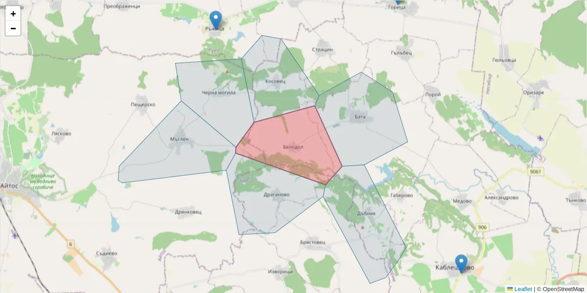 Карта на пощенски код  и съседните пощенски кодове в България