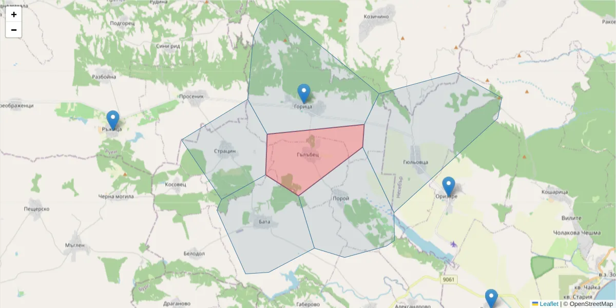 Карта на пощенски код  и съседните пощенски кодове в България