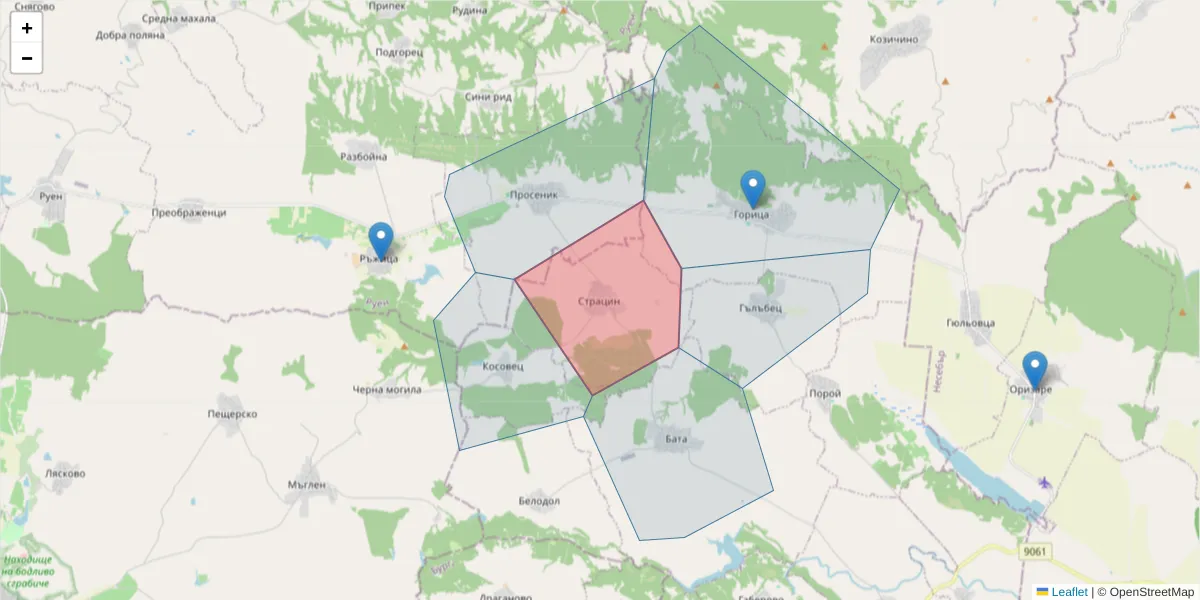 Карта на пощенски код  и съседните пощенски кодове в България