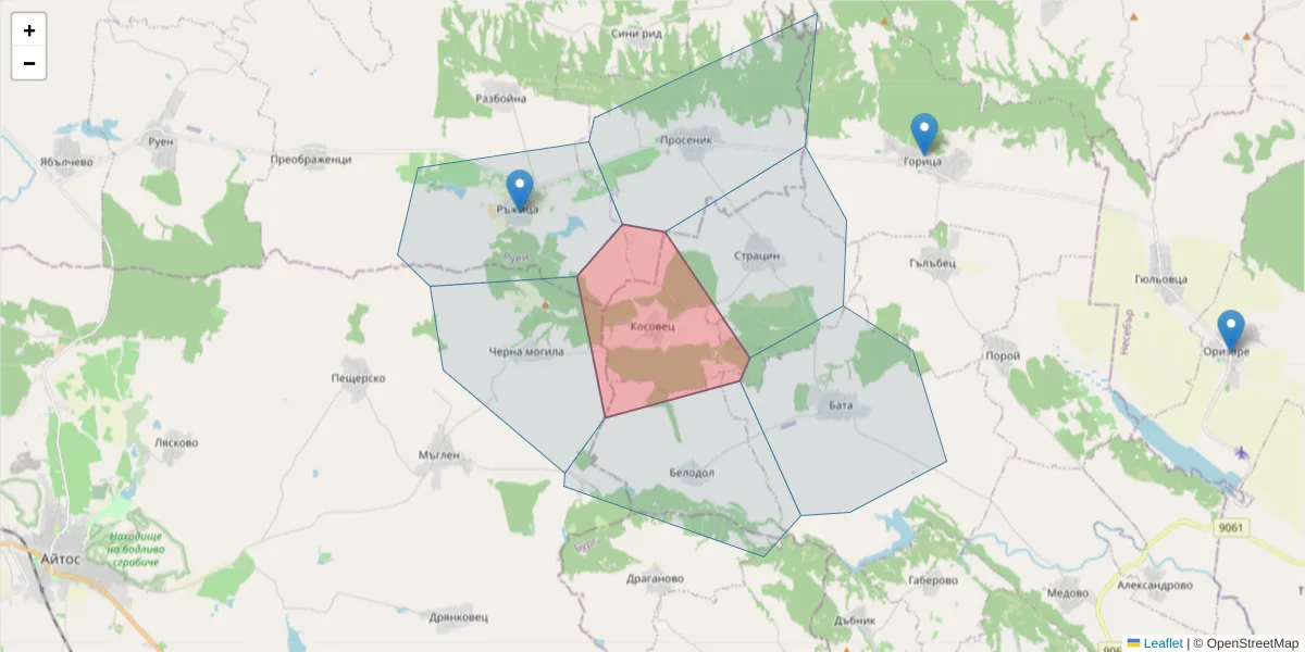 Карта на пощенски код  и съседните пощенски кодове в България
