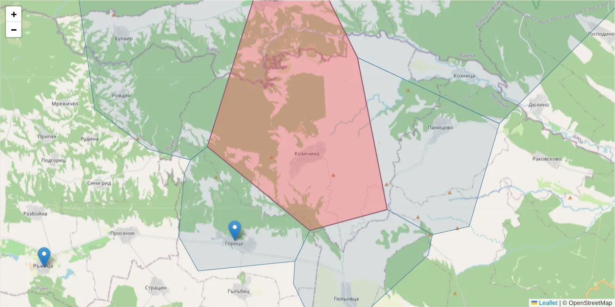 Карта на пощенски код  и съседните пощенски кодове в България