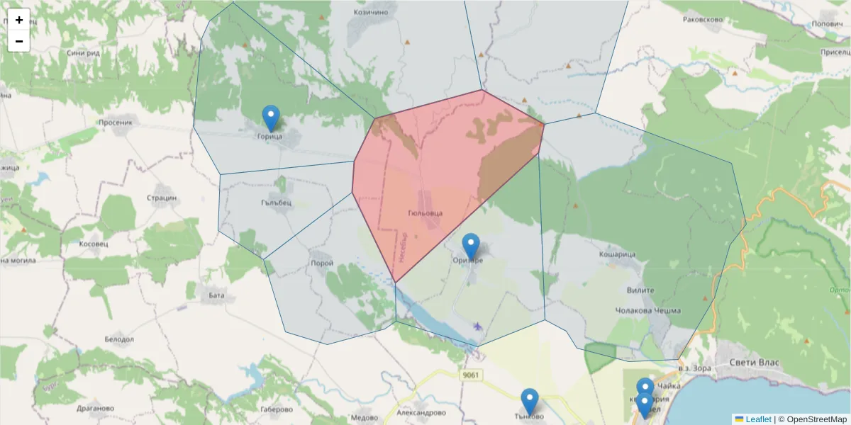 Карта на пощенски код  и съседните пощенски кодове в България