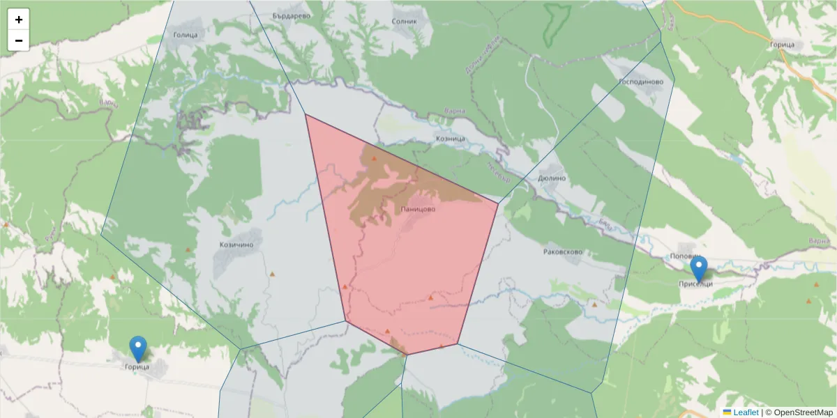 Карта на пощенски код  и съседните пощенски кодове в България