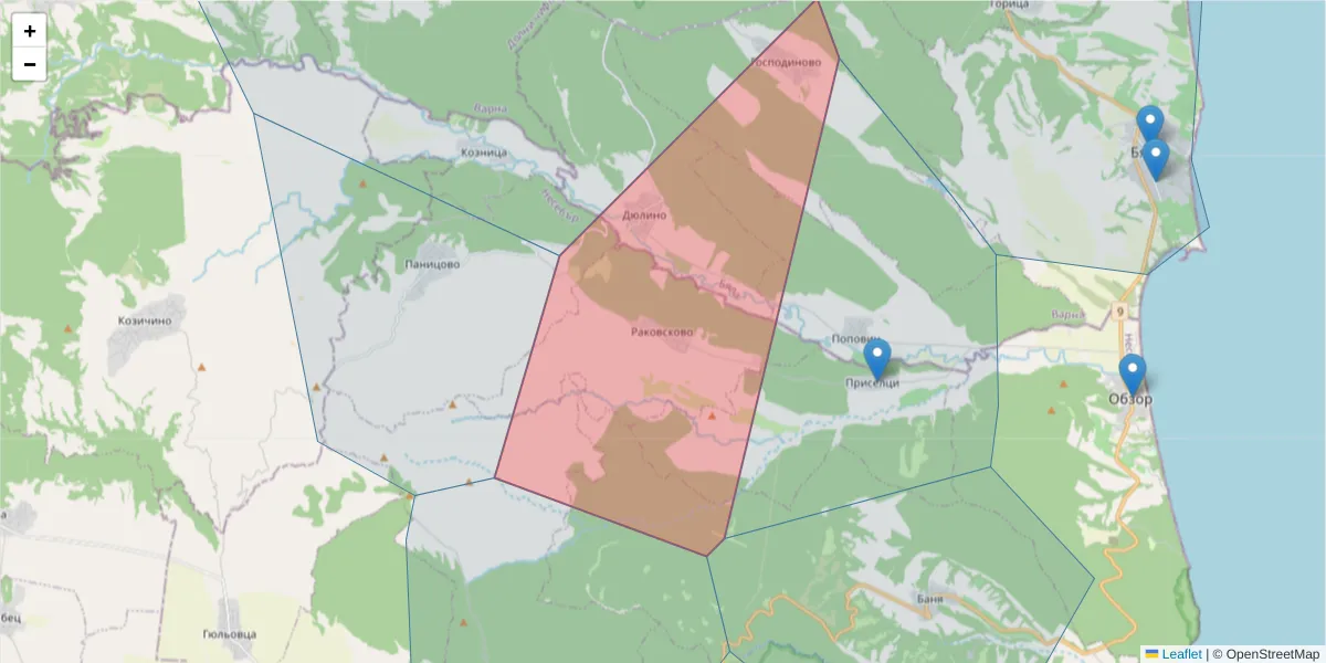 Карта на пощенски код  и съседните пощенски кодове в България